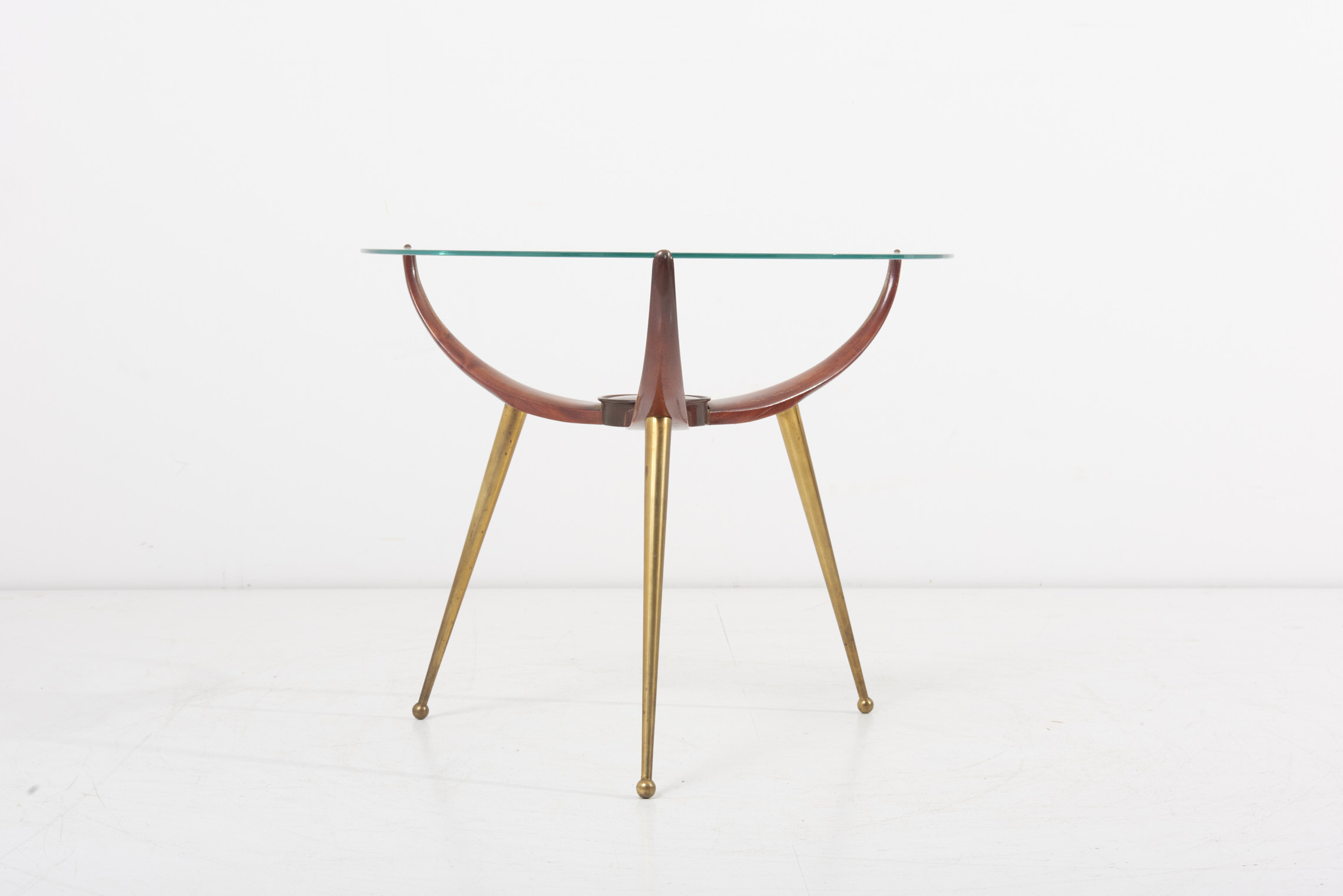 Glass Top Coffee or Side Table, in Wood and Brass