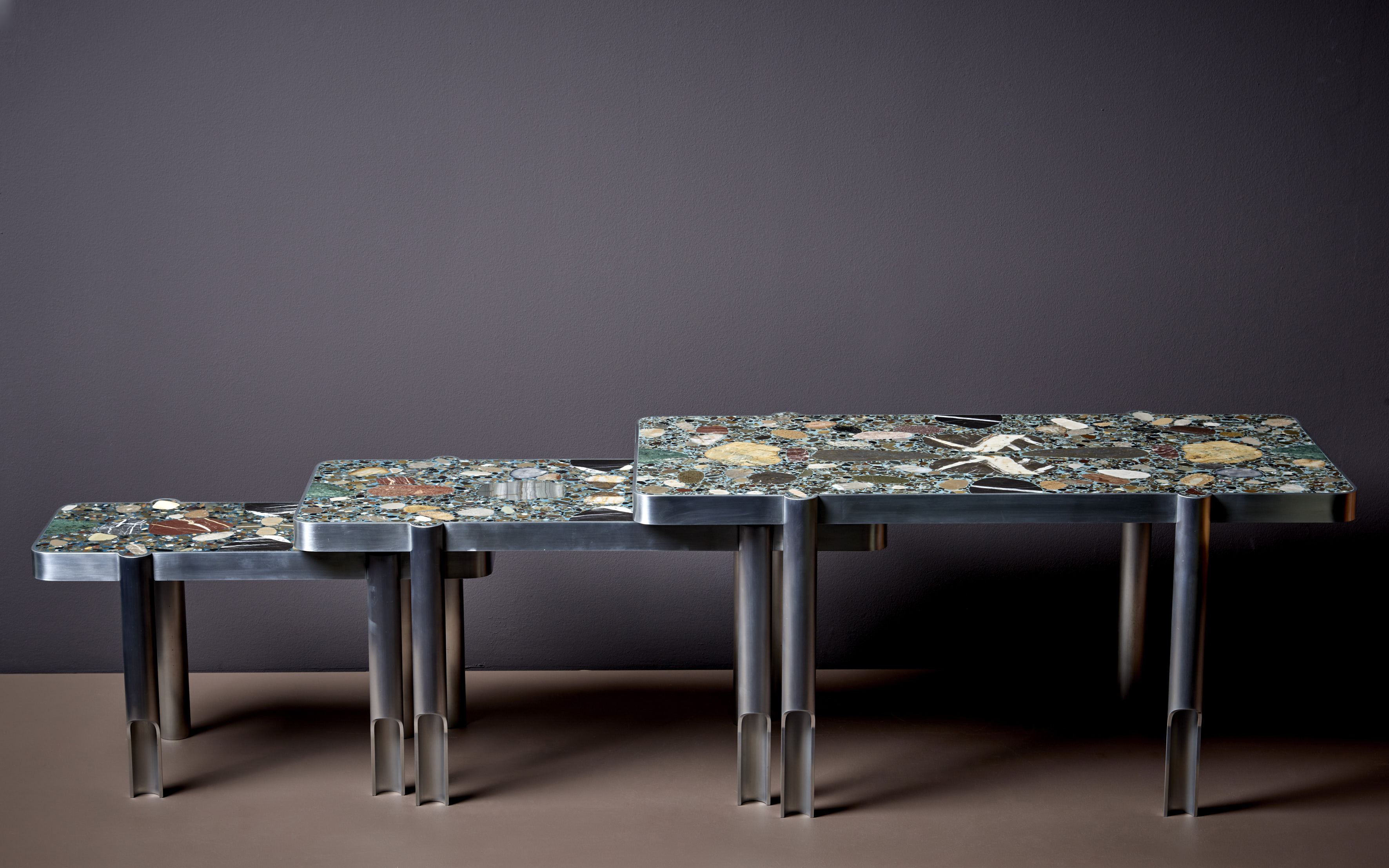 Handcrafted Set of 3 "Deacon Federico" Terrazzo Coffee Tables by Felix