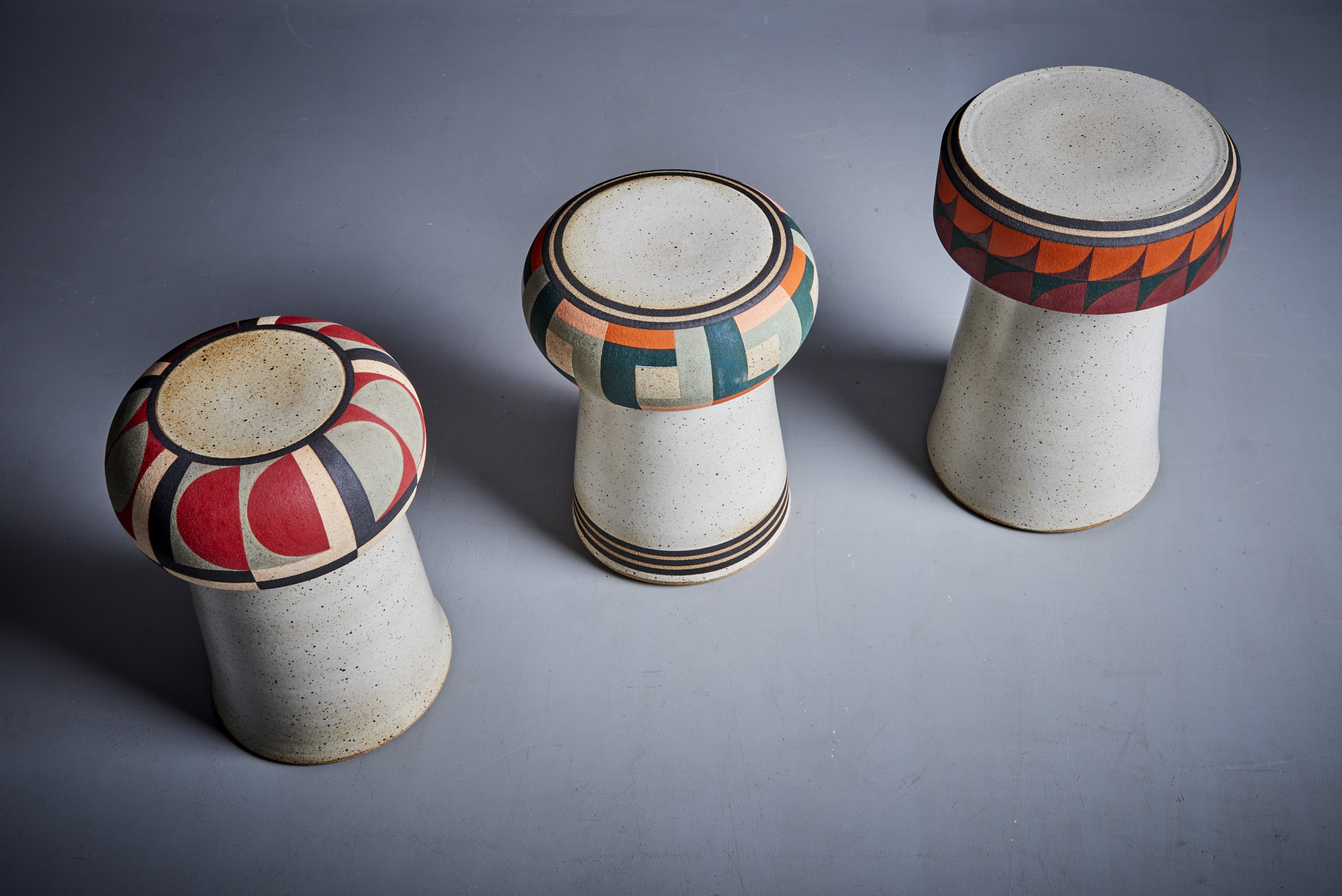 Kat and Roger Set of 3 hand-painted Studio ceramic stools