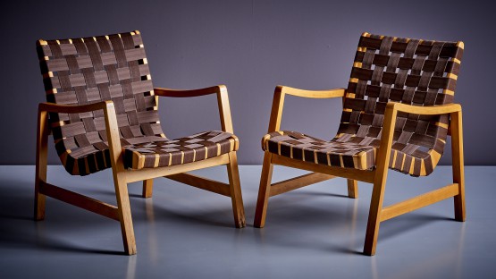 Pair of Jens Risom Lounge Chairs in brown webbing for Knoll