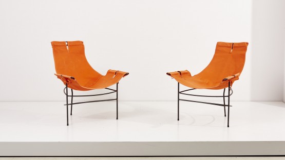 Pair of 2 Lounge Chairs by Jerry Johnson in orange canvas