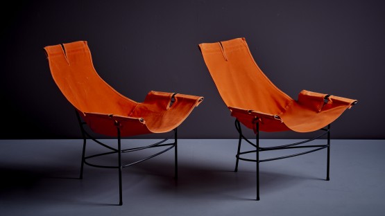 Pair of 2 Lounge Chairs by Jerry Johnson in orange canvas