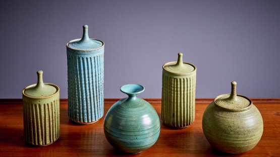 Tom McMillin Ceramic Vessels with lid and Vase in green