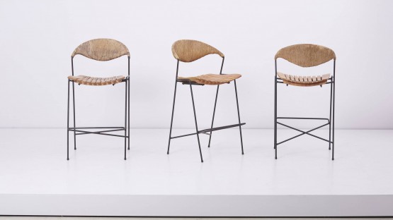 Set of Three Wrought Iron Bar Stools by Arthur Umanoff