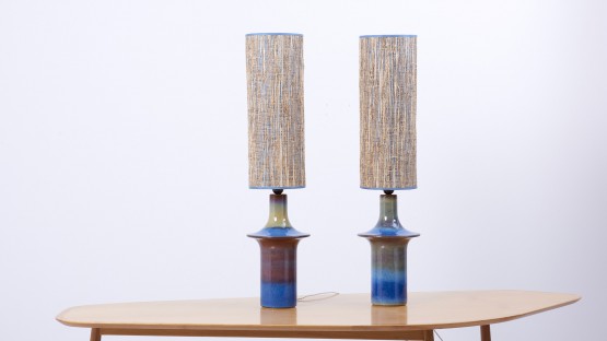 Pair of Large Blue Ceramic Table Lamps by Soholm